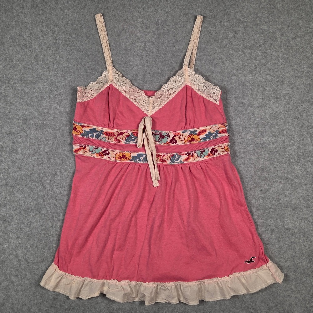 Y2K Hollister Medium Babydoll Cami Top Pink Floral Lace Trim Ruffle Coquette VTG - Picture 3 of 7